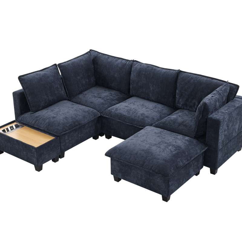 Blue Sectional , 90". Movable & Coffee Table With Hidden Charging. Snug Padded Contentment, Long-lasting Style Enhancement 90" Table. Charging Port, Soft Rest, Allure