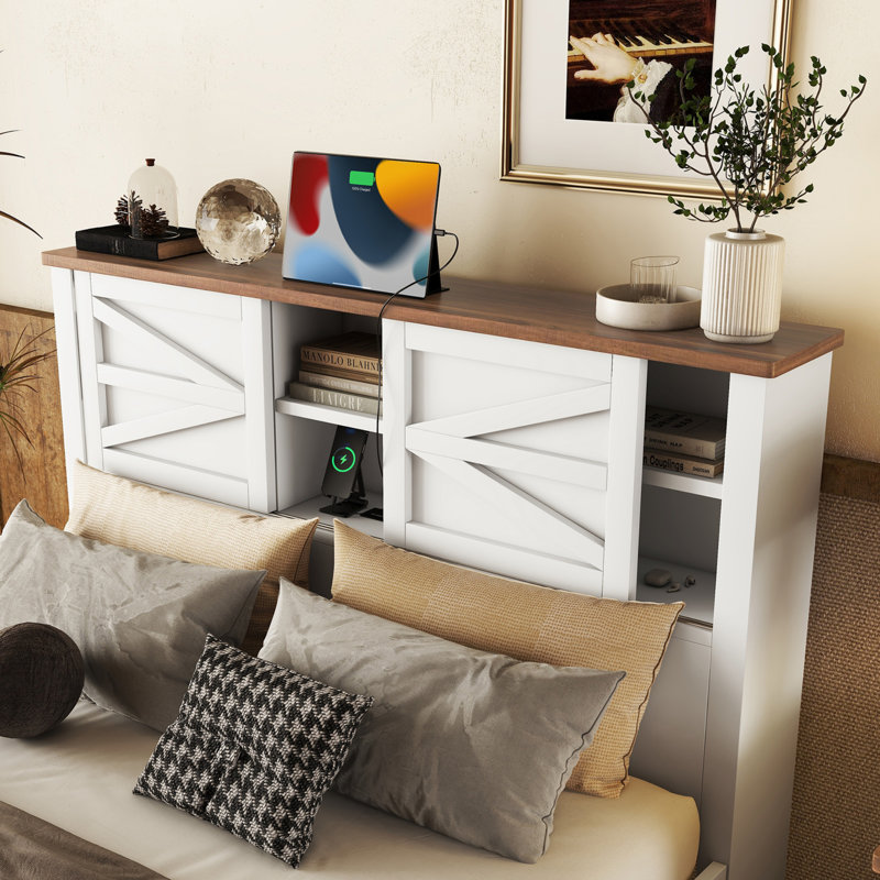 Lit plateforme Grose avec table de chevet, commode et station de charge, Blanc / Brun, Queen