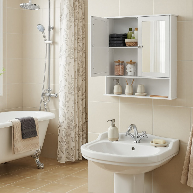 Armoire de salle de bain avec miroir, armoire murale avec 2 portes en miroir, tablette réglable, compartiment ouvert, fixation murale, 15 x 65 x 75 cm, blanc