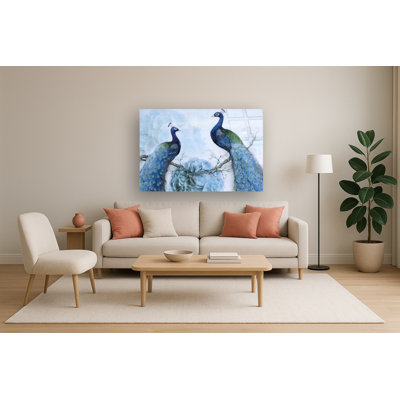 «Sparkling Peacocks Rhinestones», art mural en verre trempé sans cadre - 60 po x 40 po