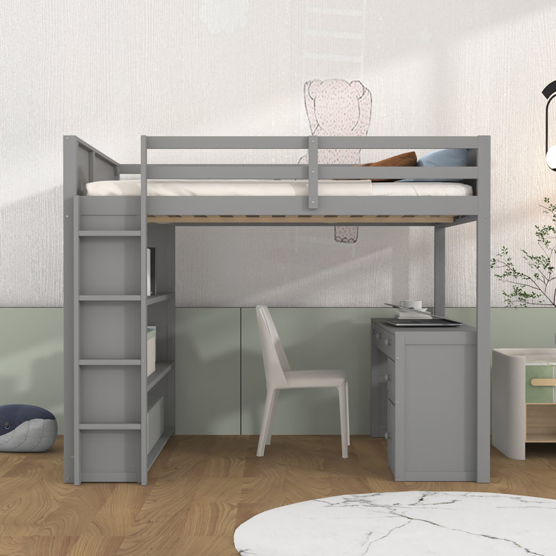 Lit mezzanine double pour enfants Rondae, gris