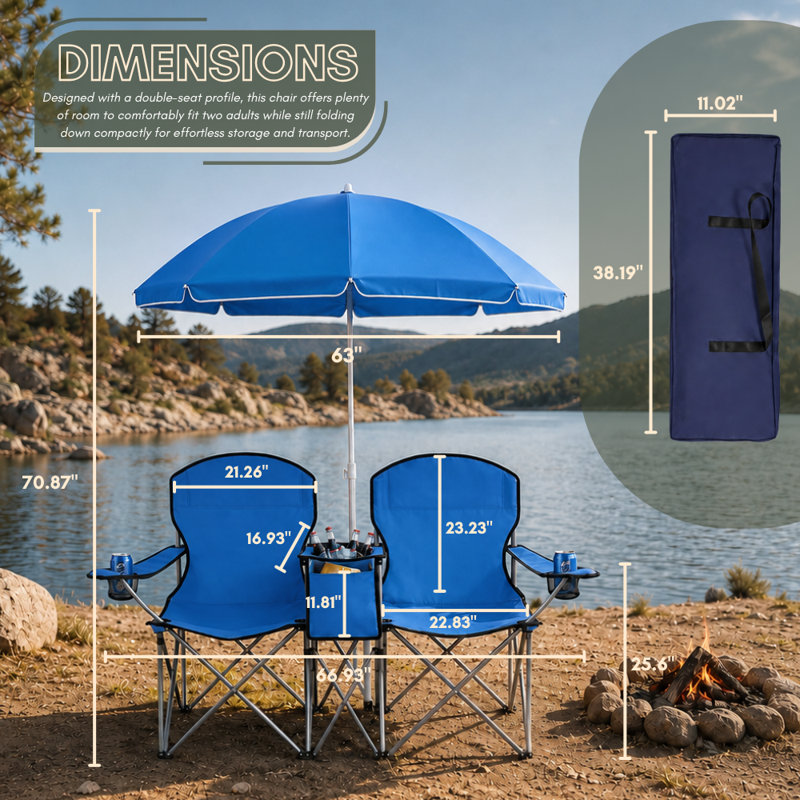 Causeuse d'extérieur avec parasol et glacière intégrée, Bleu