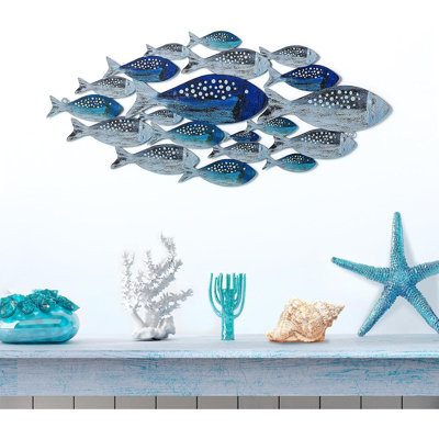Art mural en métal fabriqué à la main en forme de poisson - Sculpture nautique côtière pour la plage, le bateau ou les maisons de vacances, finition bleu et argent, pour chambre à coucher, salle de bain et salon