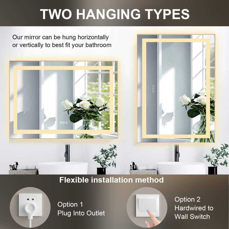 36"X24" Led Bathroom Vanity Mirror,Backlit And Front Lit,Multifunction,Wall Mounted,Brushed Gold, 28" x 36" 