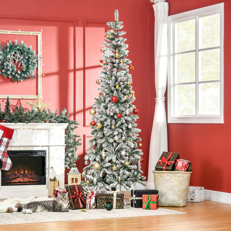 Arbre de Noël enneigé enneigé 7,5 pi, pin mince avec 668 pointes, installation sur base stable, arbre artificiel de 7,5 pi à ouverture automatique, support réaliste, déroulant