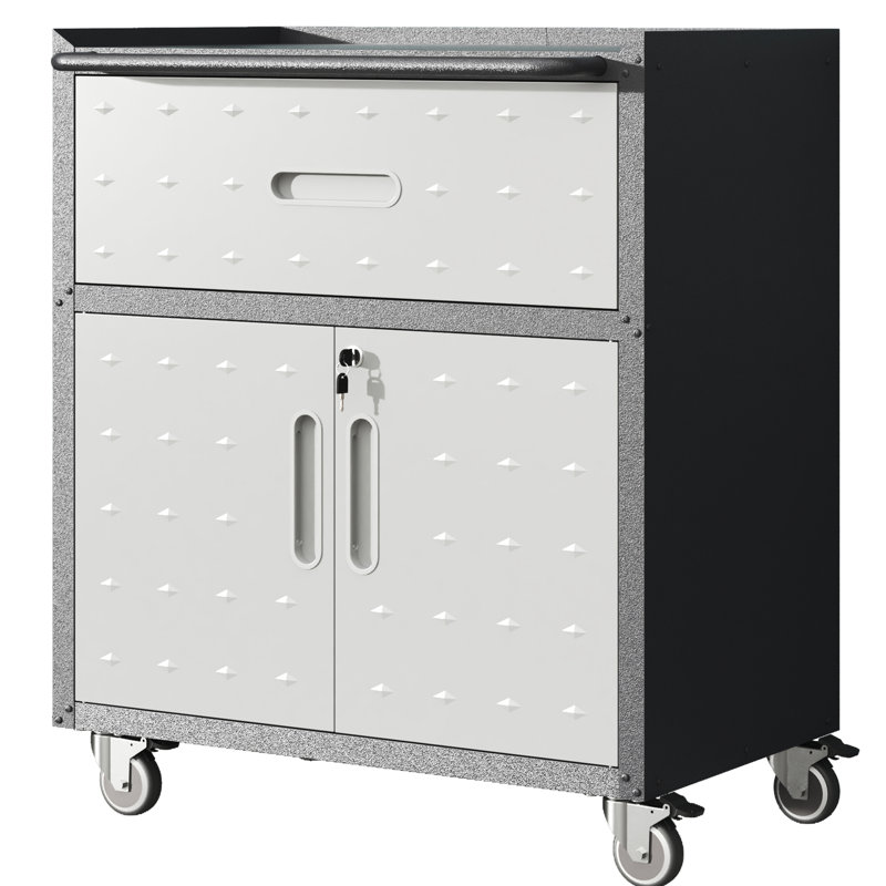 Metal Rolling Garage Cabinet With Locking Door - 28.89"W X 16.08"D 34.14"H, 1 Drawer, Black And Grey, Heavy-Duty Storage Mobile Tool 2 Doors, Grey Unit