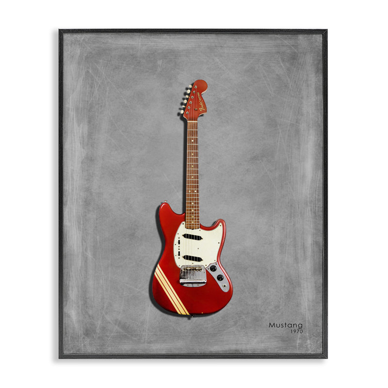 Guitare rouge sur estampe numérique grise, design par Mark Rogan, H 14 po x l 11 po, Giclée encadrée noir minuit