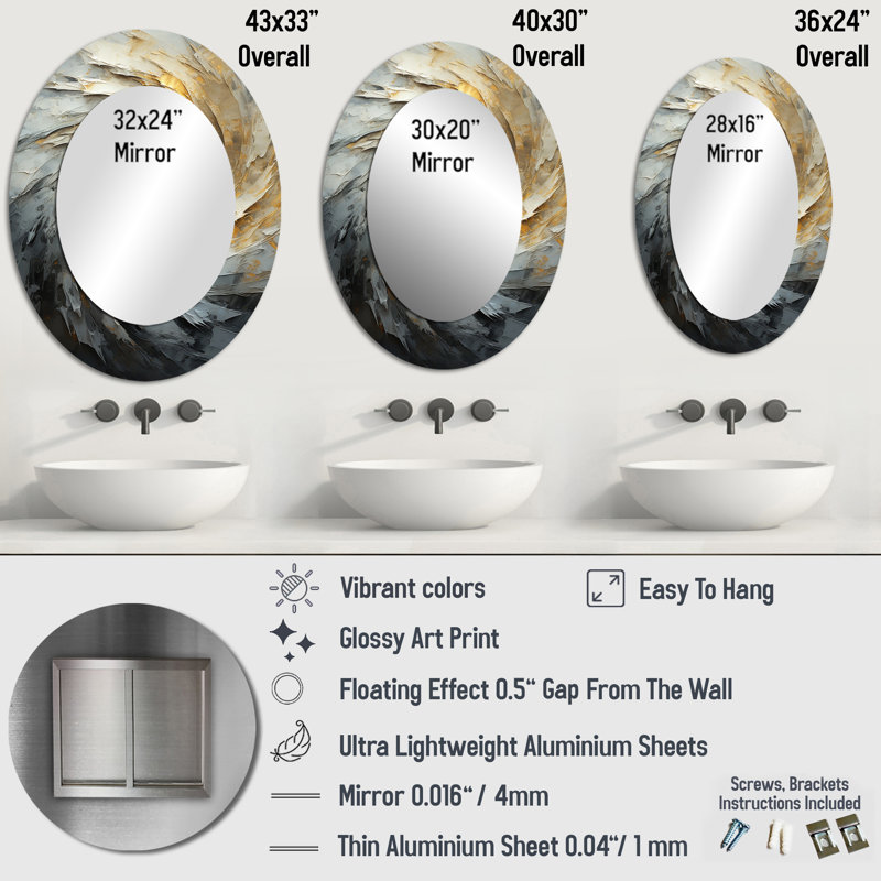 Gold And White Abstract Spiral Collage - Large Oval Wall Mirror On Metal, 43" x 33"