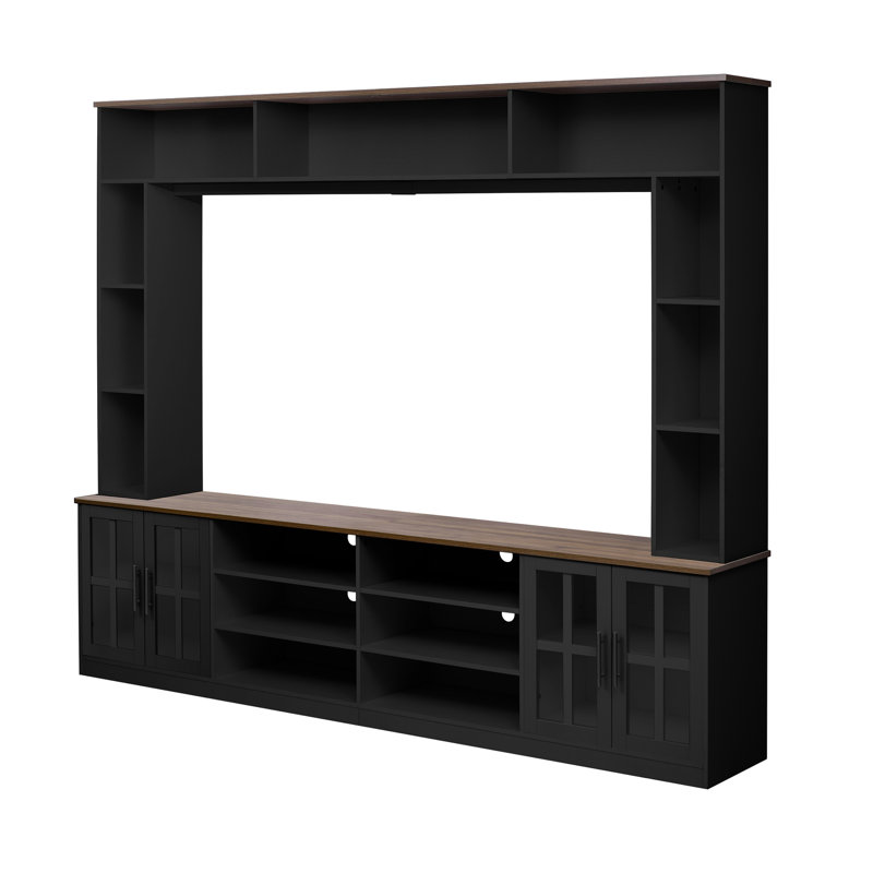 Meuble télé de 243 cm de large pour téléviseurs de 203 cm, meuble télé moderne avec portes en verre trempé, plusieurs étagères, et possibilité d'incliner votre espace de vie vers le haut grâce à ce meuble mural. Comprend du rangement pour console multimédia et un câblage apparent.