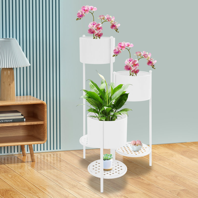 Corner Foldable Flower Pot Stand Ladder Plant Rack For The Courtyard Garden, Living Room, White
