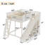 Lit mezzanine double avec tête de lit rembourrée et tablettes de rangement, avec échelle et glissoire, beige