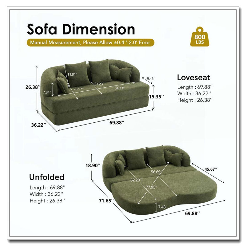 70 Inch Folding 2-in-1 Foldable Sofa Bed, Green
