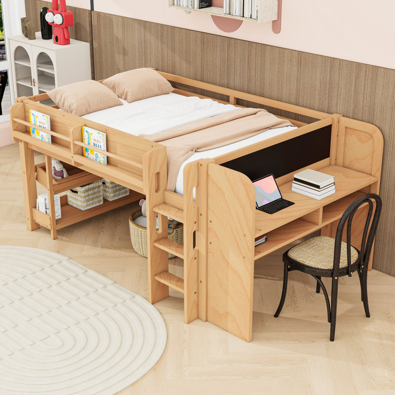 Wooden Loft Bed with Shelves, Desk and Ladder, Full