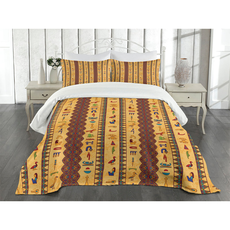 Ambesonne Egyptian Bedspread Set  Hieroglyphs  Multicolor, King Coverlet / Bedspread + 2 Standard Shams