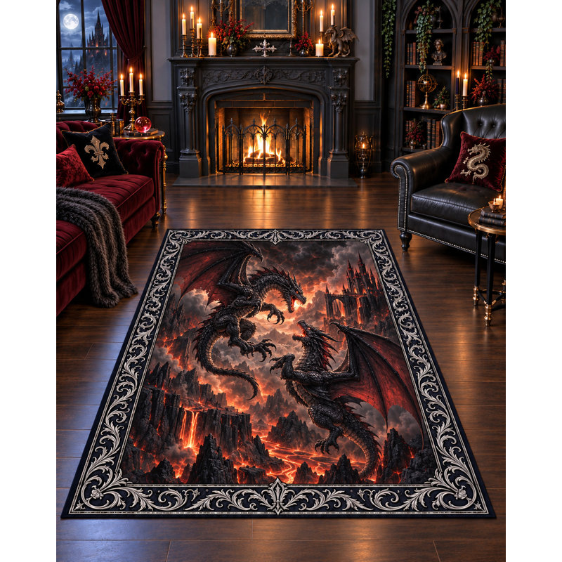 Tapis « Ultra Fin » 152 x 213 cm (5 pi x 7 pi) à motif de dragons de feu dans une zone de combat volcanique, idéal pour la chambre, le salon et le bureau à domicile. Tapis doux à poils courts avec envers antidérapant en silicone.