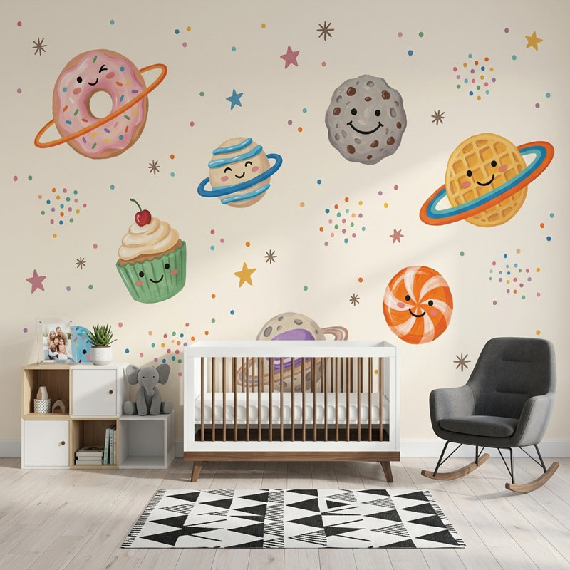 Décoration murale amovible Space Desserts Donut Planète Kawaii, 200 po x 120 po, Peler et coller