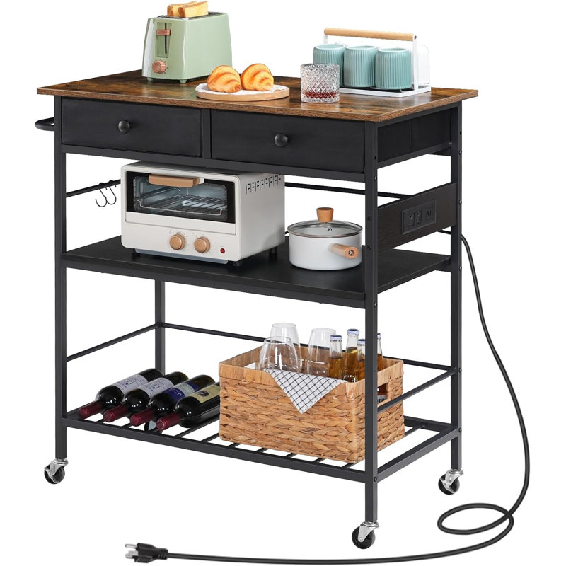 Kitchen Island Cart With Storage And Power Outlet, Rolling Microwave Stand With 2 Drawers, 3-Tier Coffee Station, Wine Rack And Safety Railings