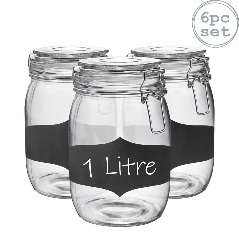 Argon Tableware - Glass Storage Jars with Labels - Set of 6, 17cm H x 10.5cm W x 10.5cm D, White/Clear