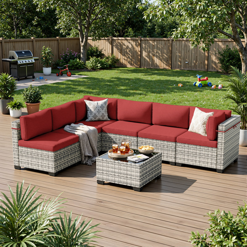 7-Piece Outdoor Sectional Sofa Set With HDPE Wicker, Cushions & Coffee Table, Modular Patio Conversation Set, Red