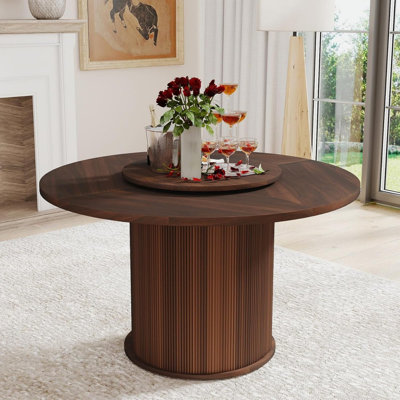 55″ Round Dining Table For 6 With Rotating Tray & Double-Tier Storage – Wooden Wavy-Striped Sliding Doors, Walnut Finish, Mid-Century Modern Kitchen Table For Dining Room, Living Room
