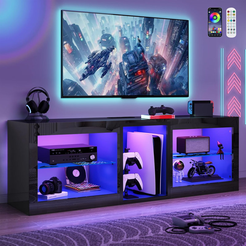 Grand meuble télé 80 po à DEL avec prise de courant pour téléviseur de 80 à 90 po, meuble télé noir avec lumières 70 000 couleurs, console télé à DEL ultrabrillante avec tablettes réglables en verre