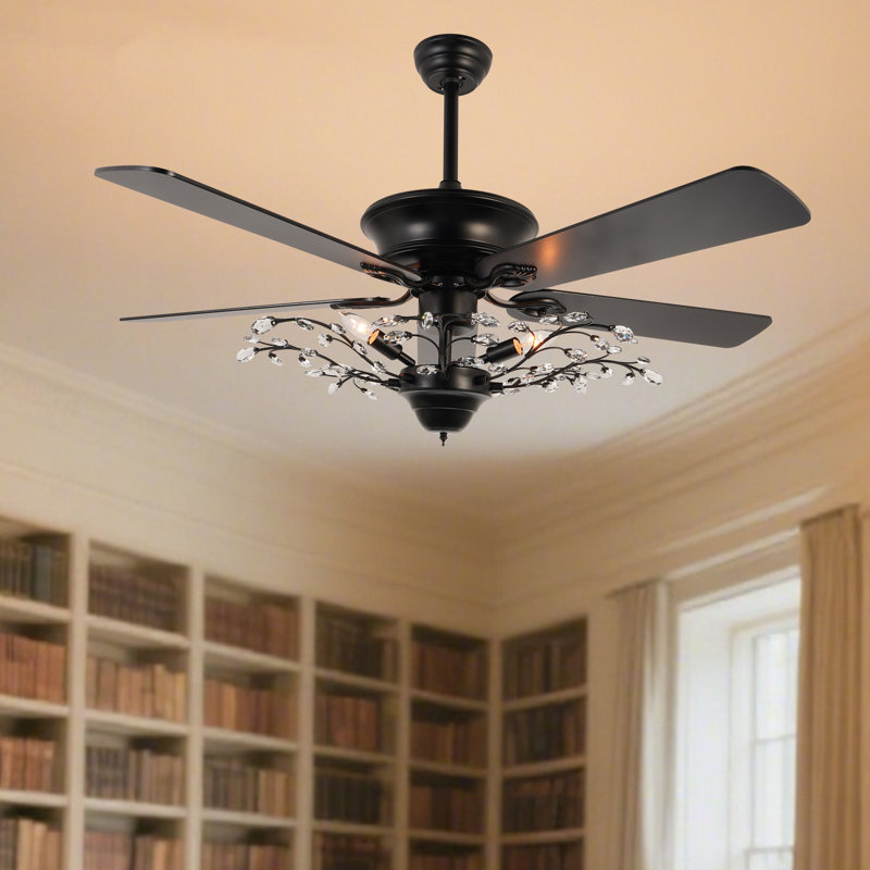 52'' Black Crystal Branch Ceiling Fan With Light And Remote, Reversible Blades