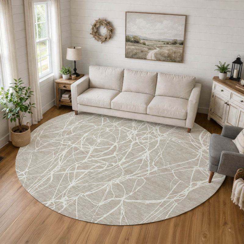 Tapis moderne intérieur / extérieur lavable à la machine ACN2826, Beige, Rond 8 pi