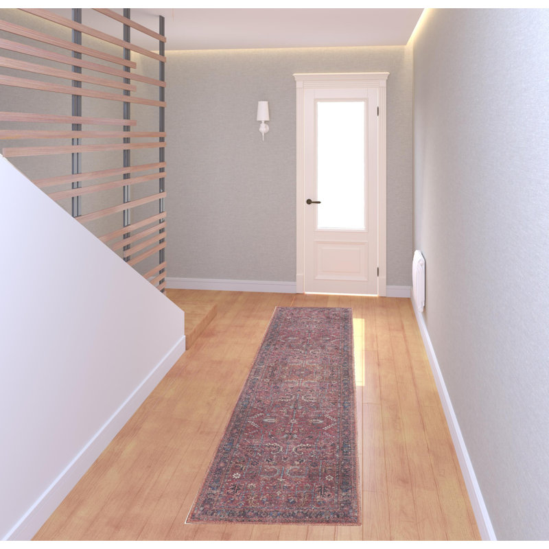 Tapis de couloir lavable floral bleu et rouge 8 pi