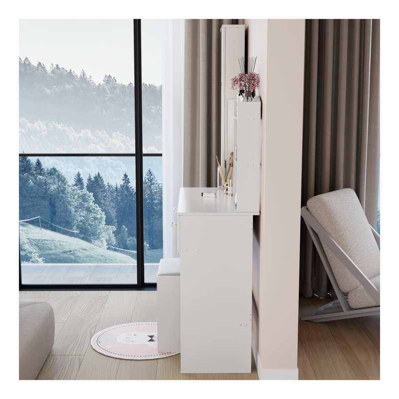 Full Body Mirror Cabinet + Round Mirror LED Vanity Table + Cushioned Stool, 17" Diameter LED Mirror, Touch Control, 3-Color, Brightness Adjustable, Large Desktop, Multi-Layer High Capacity Storage
