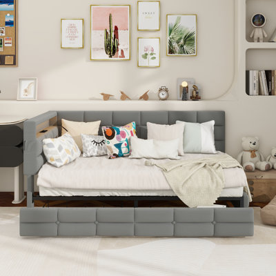 Upholstered Twin Size Daybed With Storage 2 Drawers And Charging Station, Day Bed Frame With LED Lights And Storage Headboard, No Box-Spring Needed, Gray
