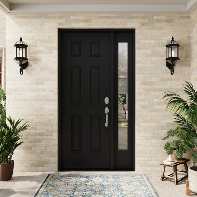 Entry Front Exterior Fiberglass Door 30" x 80" Painted Black 6-Panel Prehung Door Fixed Single Sidelite Black 1 Lite Clear Glass Door With Jamb, Left-Hand Inswing (Not Included Hardware Kit)