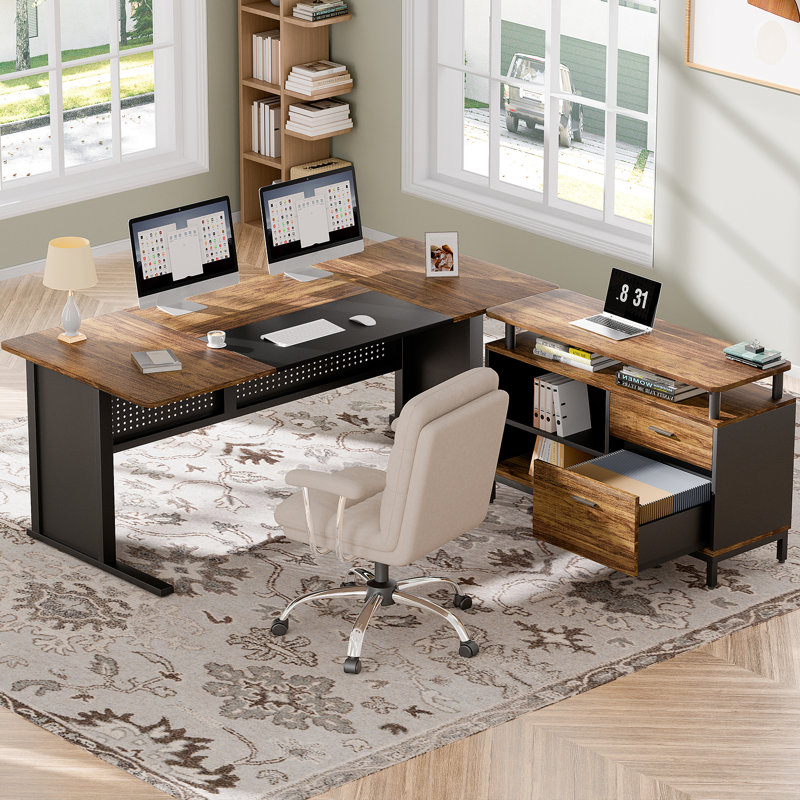 63" Executive Office Desk Drawer Cabinet,L Shaped Desk With Shelves,Split Computer Desk And Lateral Hanging File Cabinet,Home Office Furniture For Home Office, Rustic Brown & Black