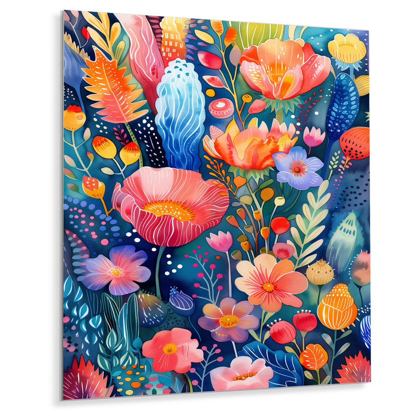 Décoration murale fleurs roses et bleues sous l'eau IV - Fleurs sauvages, H 24 po x l 32 po, Sans cadre, métal