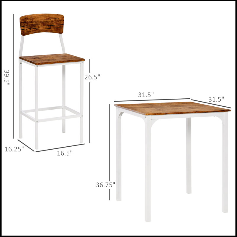 Industrial White Pub Table Set with 2 Chairs