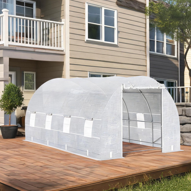 Serre avec cadre en acier blanc et PE pour espace extérieur, 234 po x 117,6 po x 82,8 po