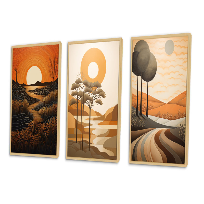 «Golden Sunset In The Retro Mountain Meadows IV», 3 pièces sur toile, Cadre naturel flottant, H 48 po x l 32 po