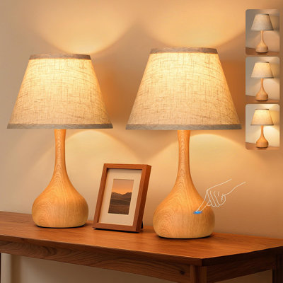 16.93” Bedside Table Lamp Set of 2, 3-Way Dimmable Rustic Metal Desk Lamp with Linen Shade for Bedroom Living Room, Bulb Included