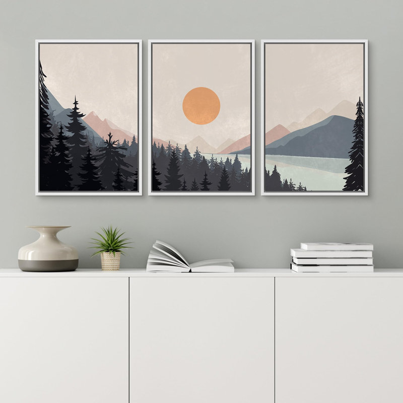 «Sun Mountain Landscape Nature Landscape Decor Abstract on Canvas», reproduction de 3 pièces, Cadre flottant blanc