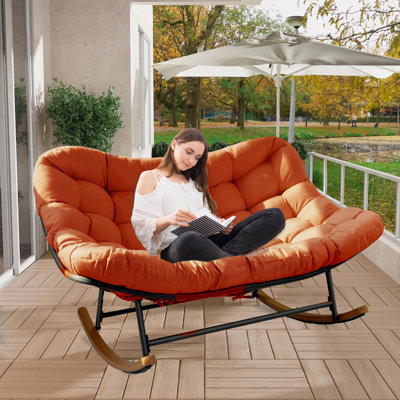 Patio Rocking Chair Outdoor, Oversized Papasan Rocking Chair For 2 With E-Coated Steel Frame And Thick Cushion