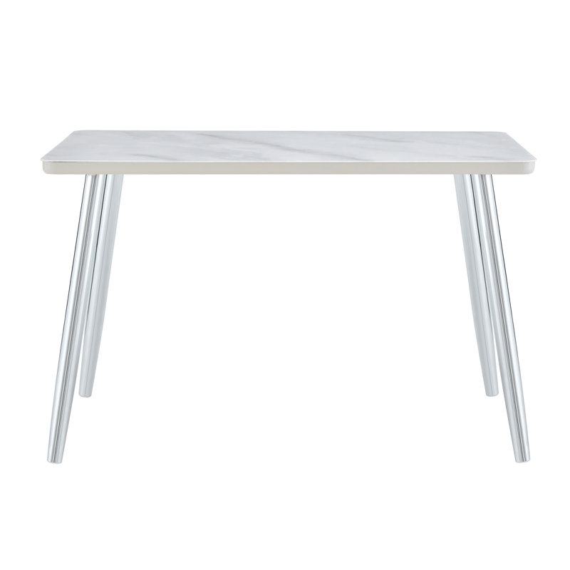 Modern Minimalist Rectangular Dining Table, Suitable For 4-6 People. Tempered Glass Countertop+Lower MDF Board,Imitation Marble Texture, Silver Metal Tapered Legs. Suitable For Minimalist Restaurants.