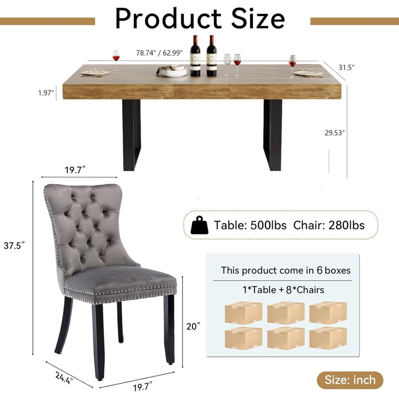 63" -78" Extendable Dining Table Set, Retro Rustic Dining Room Table & Velvet Dining Chairs, Rectangle Kitchen Dining Table and Chairs Set, Modern Dining Table Set
