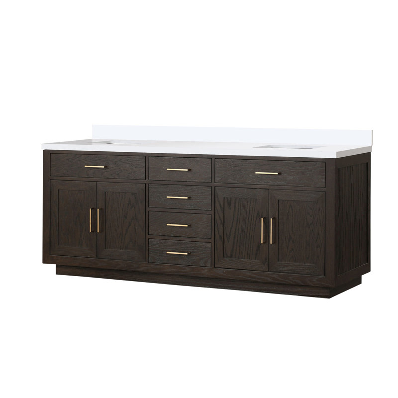 Meuble-lavabo double en chêne brun l 84 po x P 22 po - Surface en quartz blanc Armoire de salle de bain 22 po avec dessus enraciné