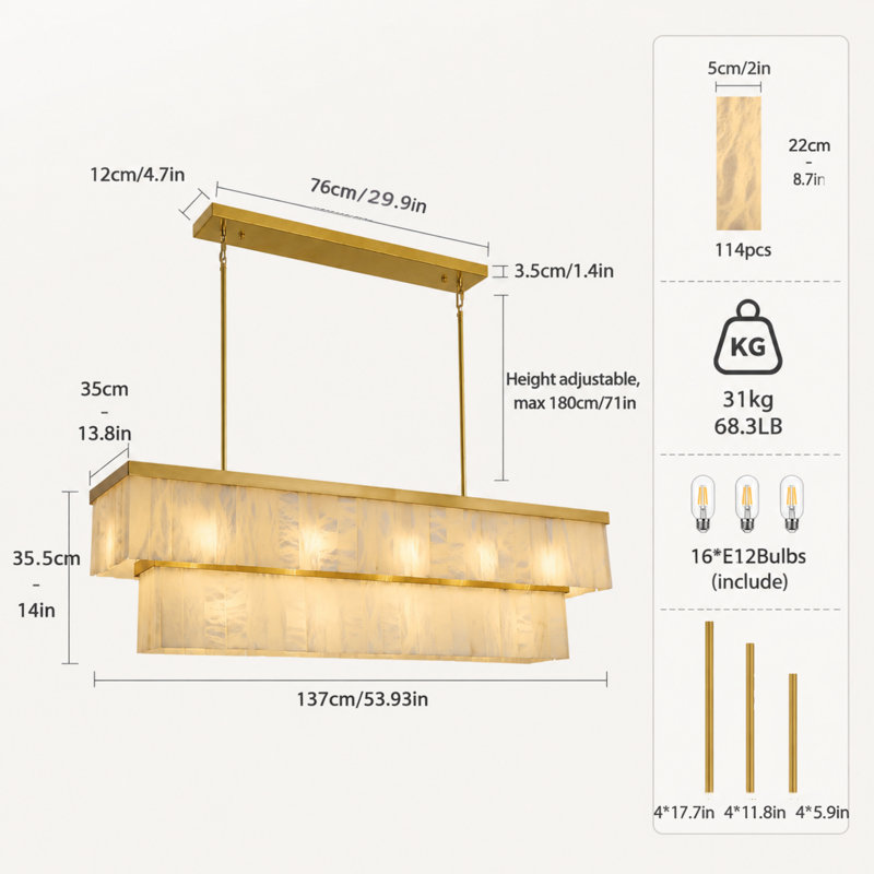Lustre linéaire à 54 lumières en albâtre à 54 niveaux L 54 po, finition laiton avec ampoules, Laiton brossé