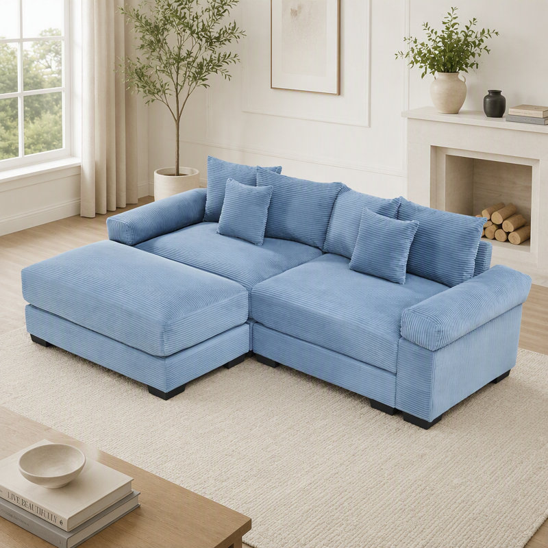Canapé d'angle Cloud surdimensionné en forme de L avec pouf, revêtement en velours côtelé doux, assises profondes, design ergonomique, 6 coussins, montage facile, idéal pour les salons et les espaces de détente.
