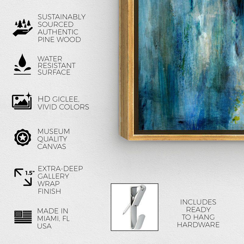 Abstrait bleu abondant / pluie blanche - Impression sur toile, Cadre flottant doré, H 24 po x l 36 po