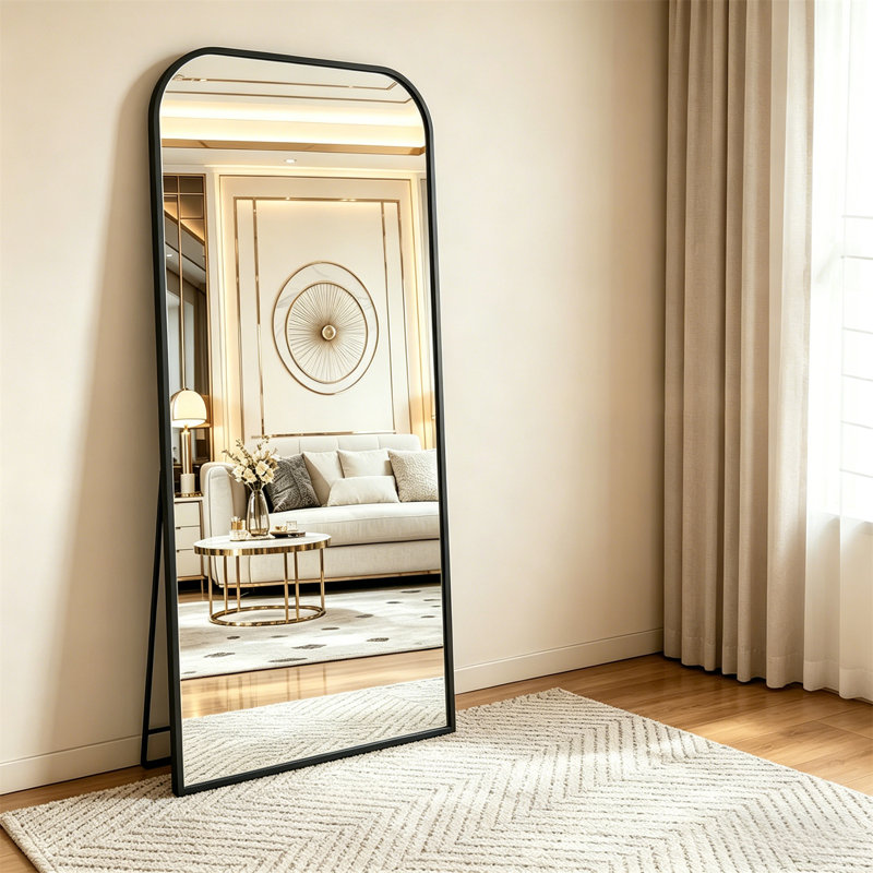Full Body Mirror, Curved Floor Standing Large Mirror With Bracket - Equipped With Aluminum Frame Suitable For Bedrooms And Living Rooms,