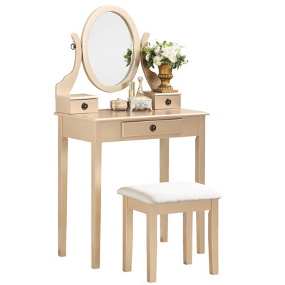 Table de coiffeuse et tabouret scintillant doré, 3 tiroirs de rangement, miroir réglable avec maquillage