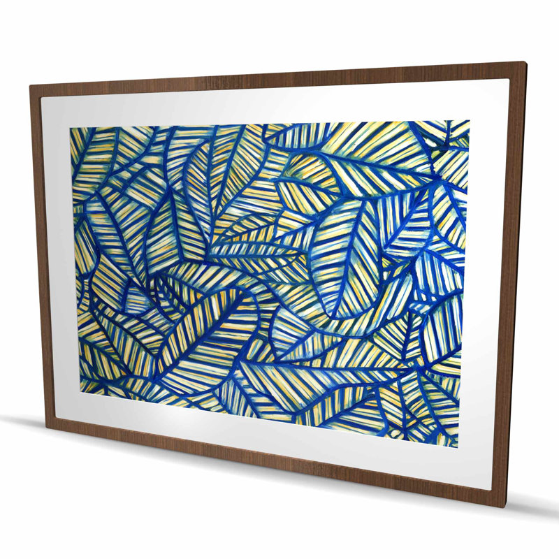 Motif de feuilles bleues - reproduction florale beige encadrée