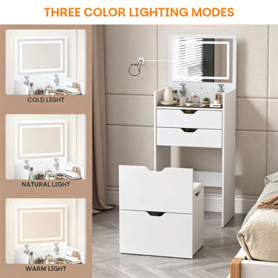 Coiffeuse et tabouret, ensemble de toilette multifonctionnel 3 en 1 avec trois modes d'éclairage, miroir HD, deux tiroirs coulissants et tabouret de rangement dissimulé