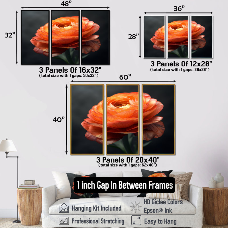 Ensemble de salon art mural orange Renoncule Bloom II - Renoncule, Toile naturelle avec cadre flottant